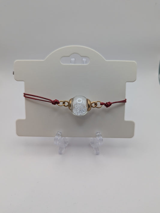 White Rhinestones Globe Bracelet on Maroon Nylon Cord