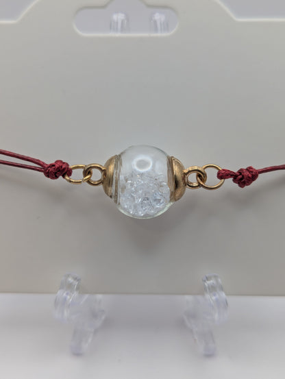 White Rhinestones Globe Bracelet on Maroon Nylon Cord