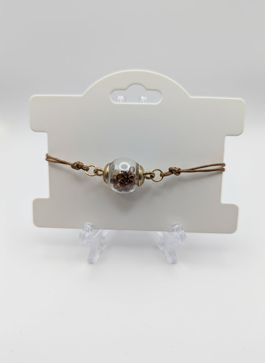 Coffee-Toned Rhinestone Globe Bracelet on Brown Cord