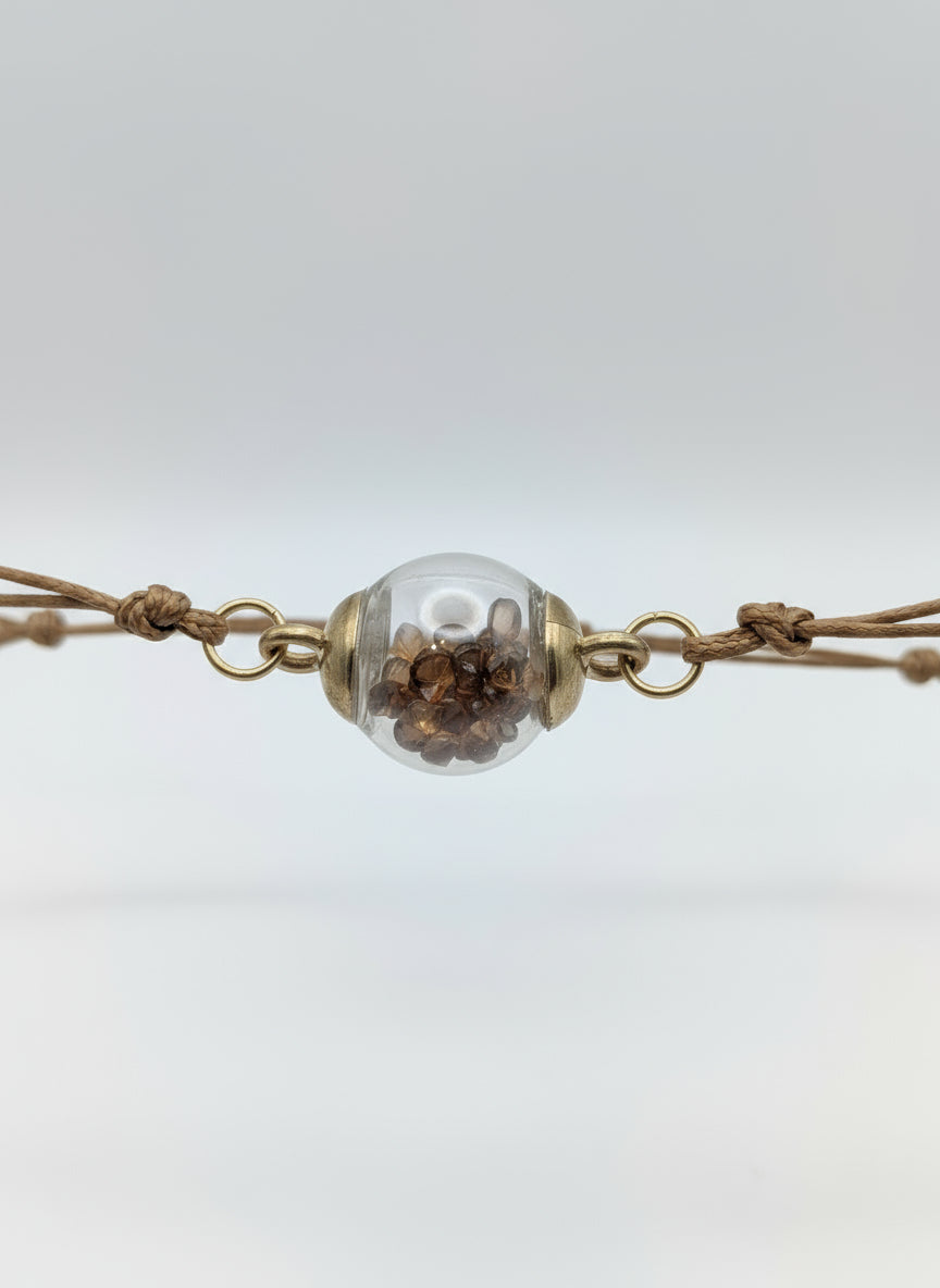 Coffee-Toned Rhinestone Globe Bracelet on Brown Cord