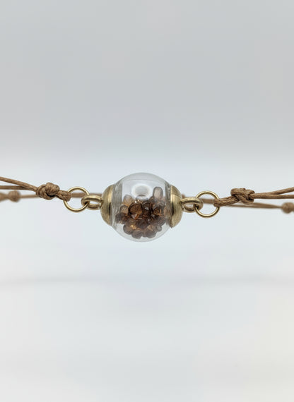 Coffee-Toned Rhinestone Globe Bracelet on Brown Cord