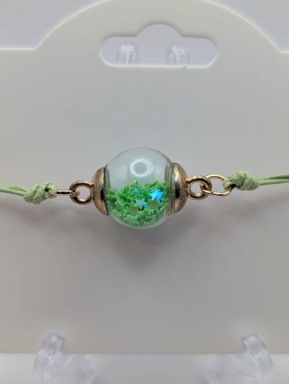 Neon Lime Star Glitter Globe Bracelet on Adjustable Green Cord