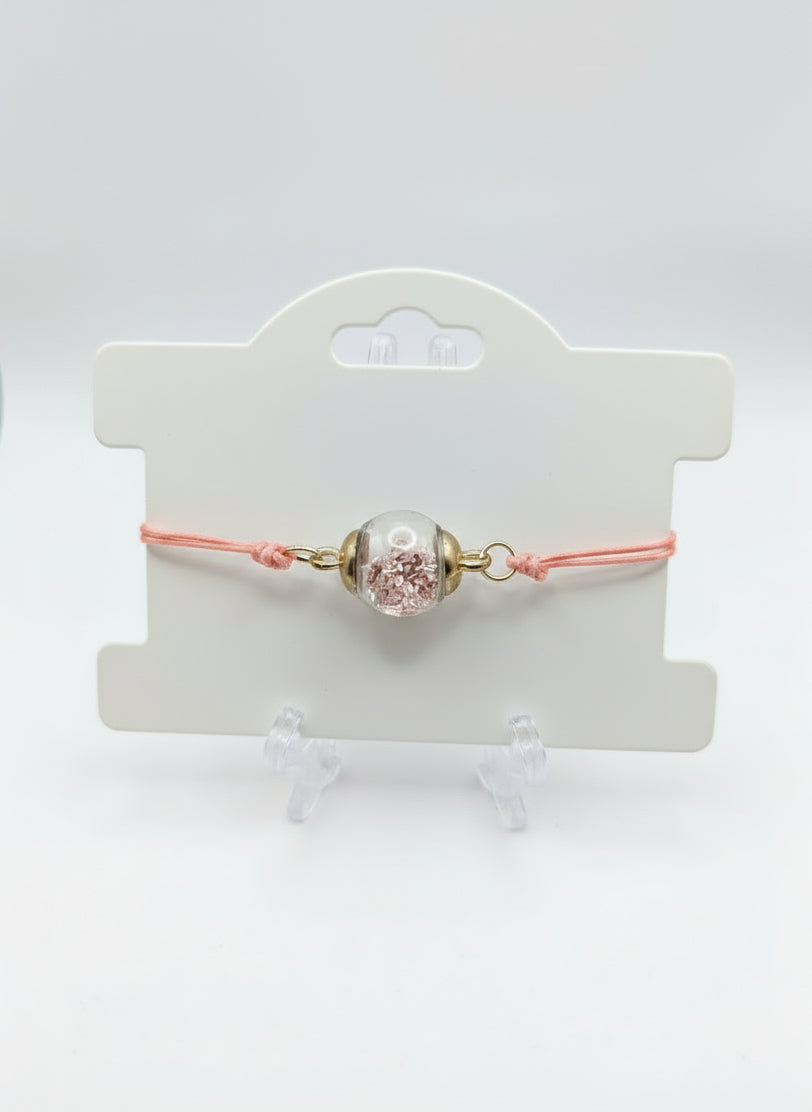 Pink Stone Fleck Glass Globe Bracelet on Pink Cord