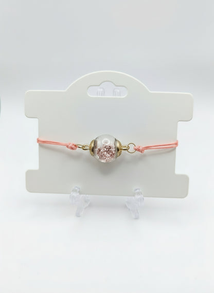Pink Stone Fleck Glass Globe Bracelet on Pink Cord