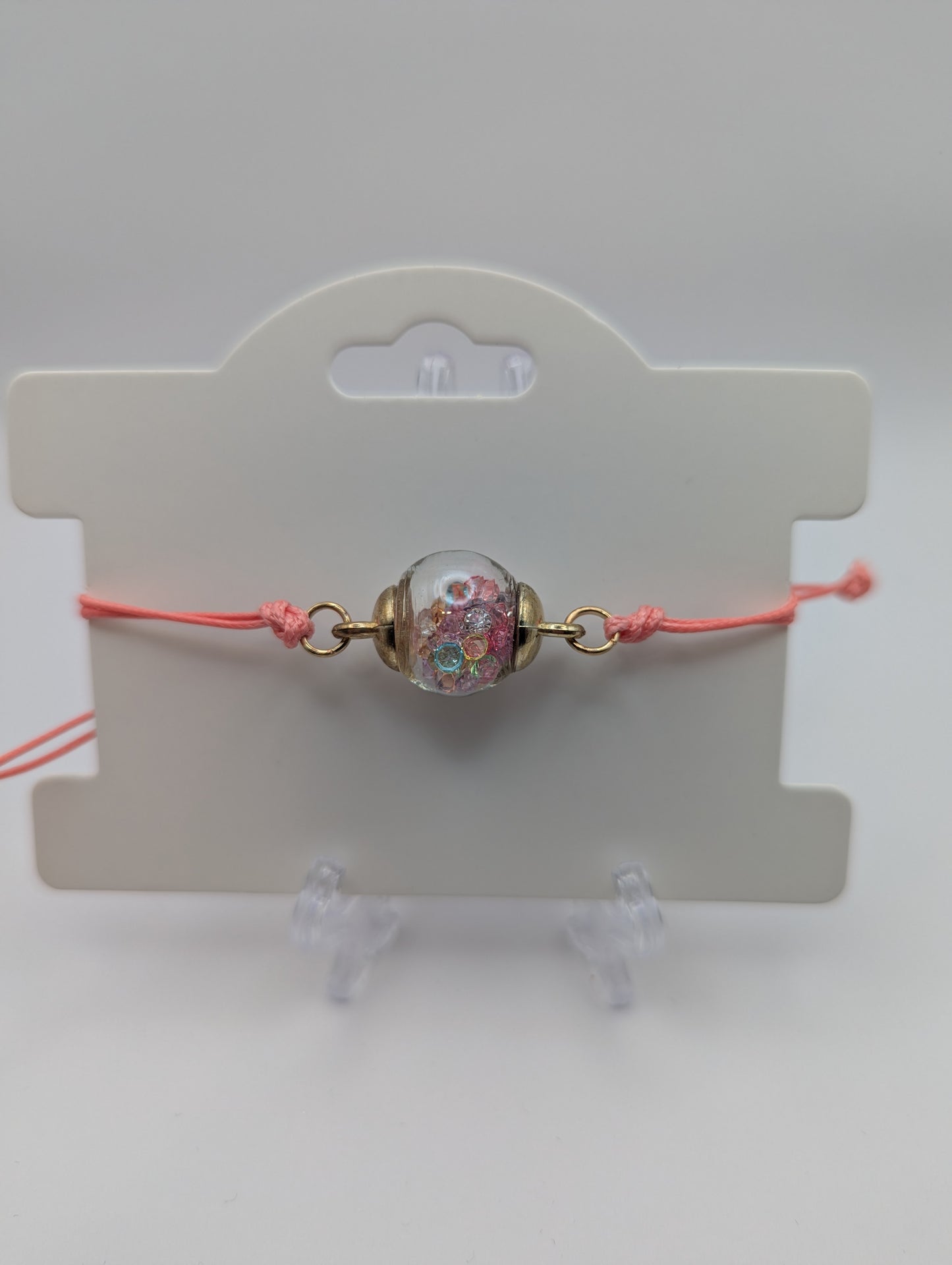 Multicolor Rhinestones Globe Bracelet on Pink Cord