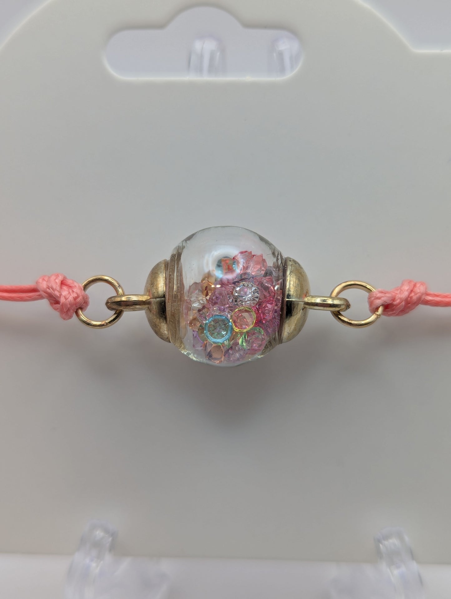 Multicolor Rhinestones Globe Bracelet on Pink Cord