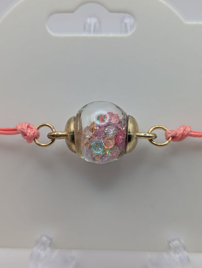 Multicolor Rhinestones Globe Bracelet on Pink Cord