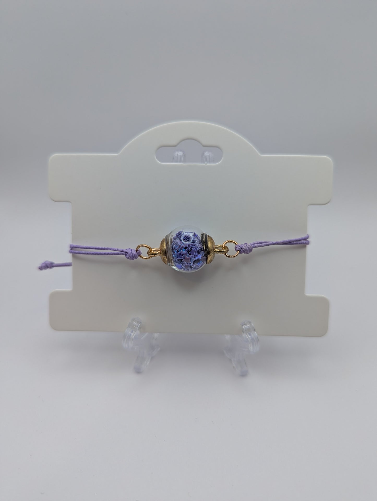 Lavender Glitter Globe Bracelet on Adjustable Nylon Cord