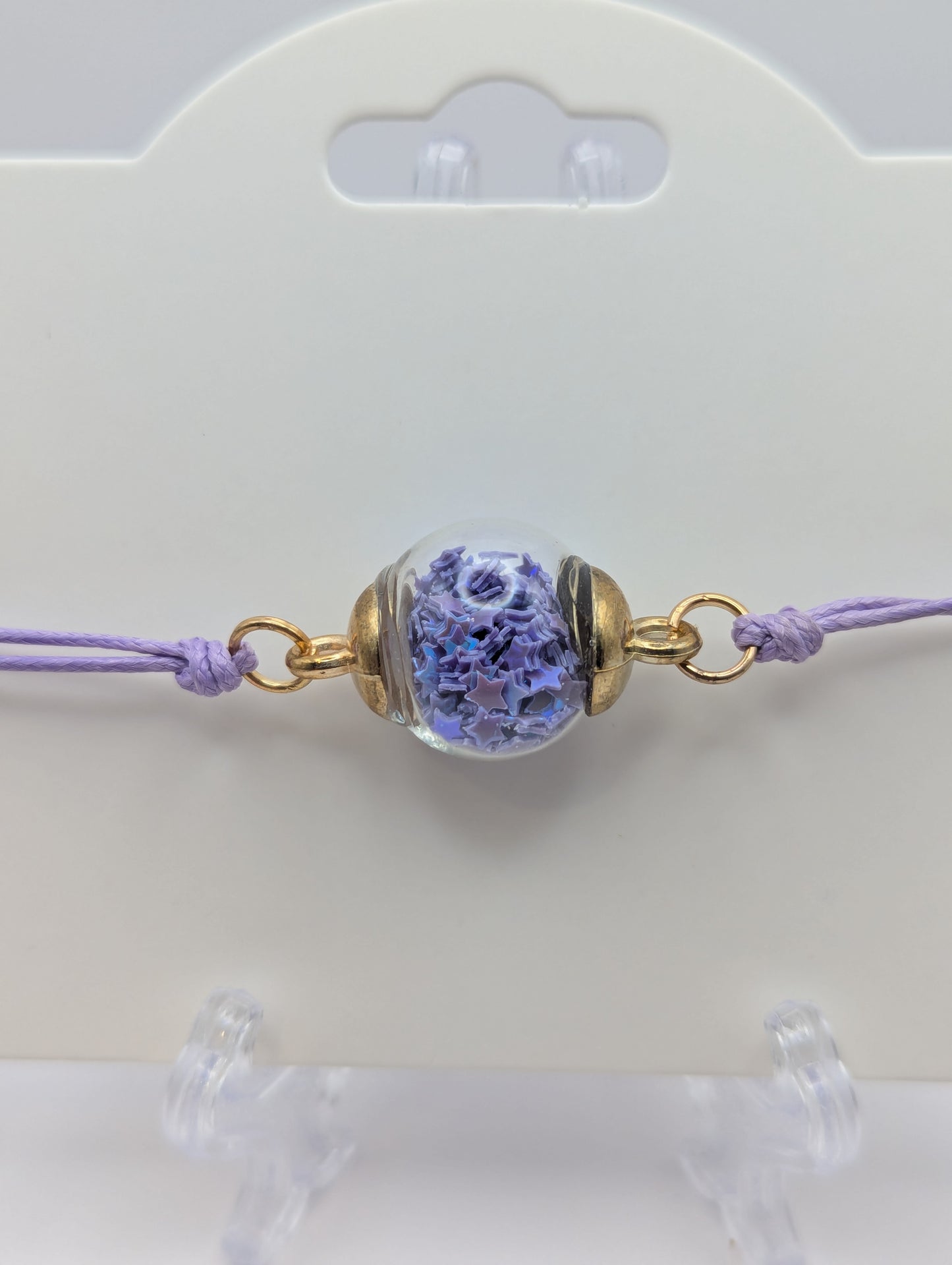 Lavender Glitter Globe Bracelet on Adjustable Nylon Cord