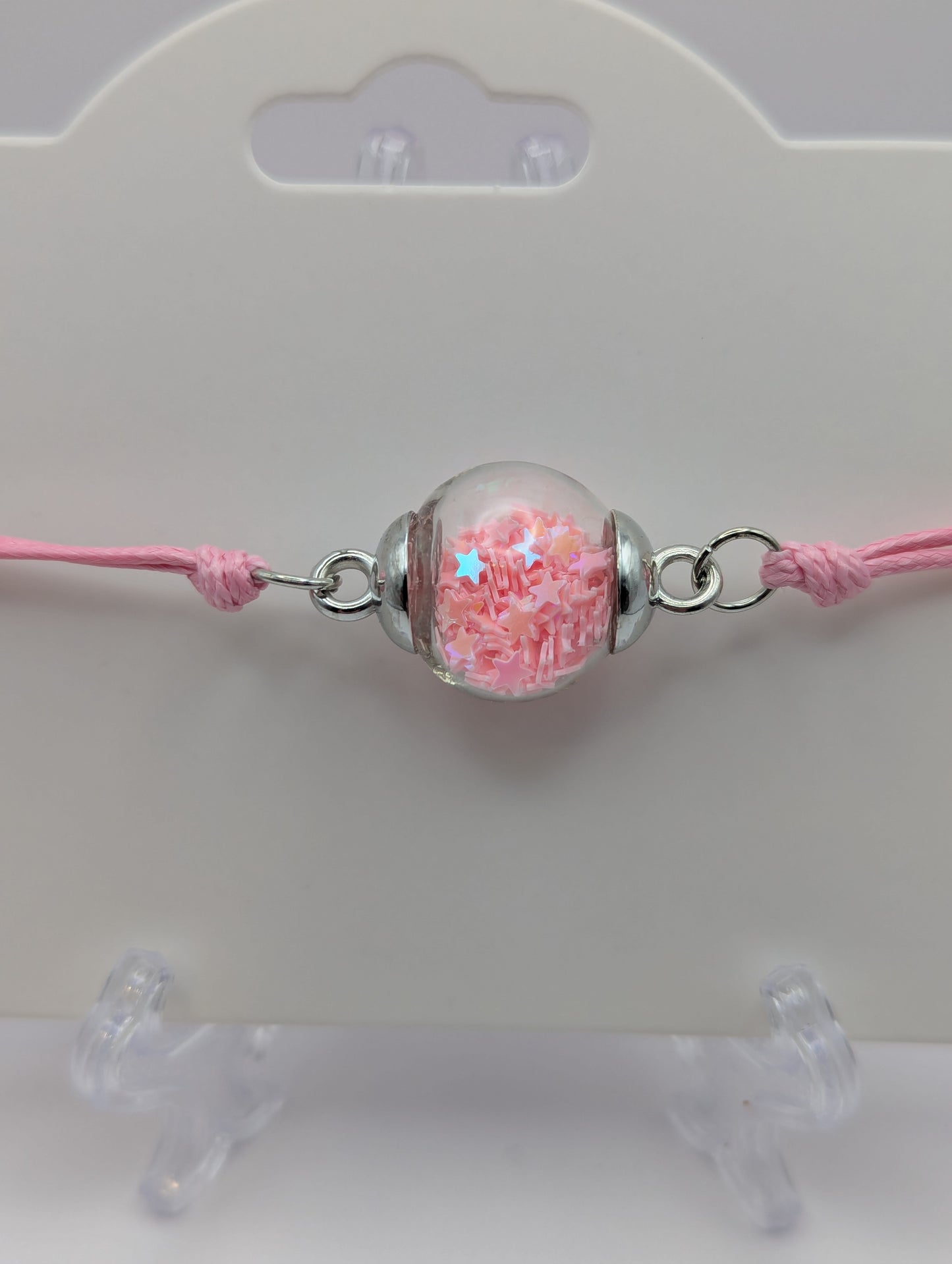 Baby Pink Glitter Globe Bracelet on Adjustable Nylon Cord