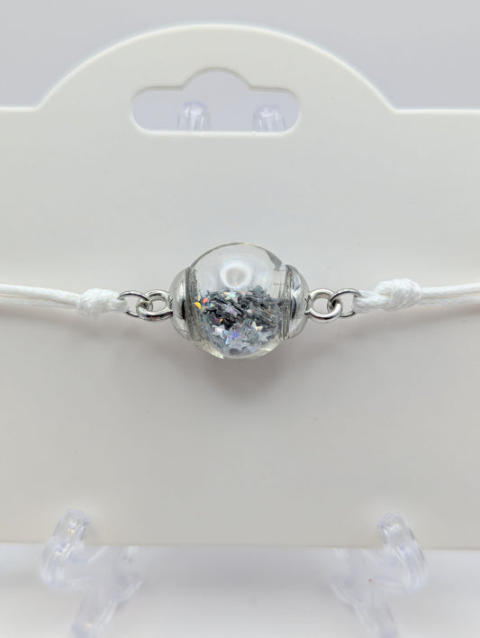 Silver Star Glitter Globe Bracelet on Adjustable White Nylon Cord