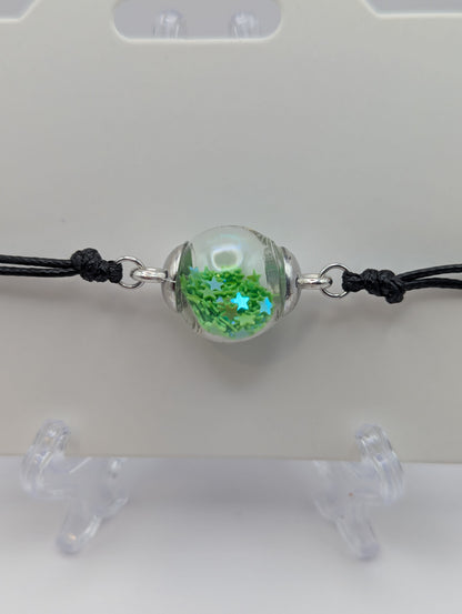Lime Star Glitter Globe Bracelet on Adjustable Black Cord