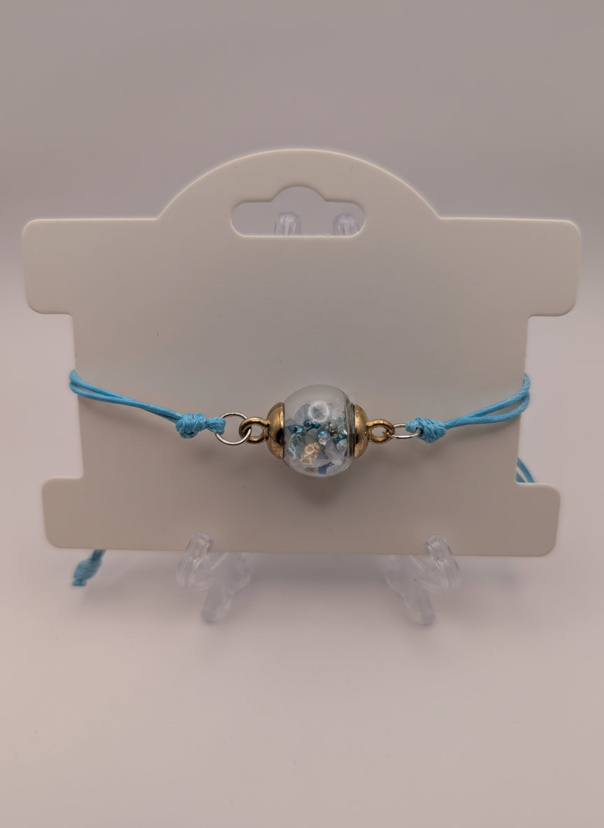 Mixed Stone Flecks Globe Bracelet on Adjustable Blue Nylon Cord