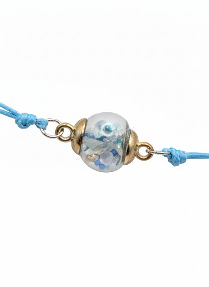 Mixed Stone Flecks Globe Bracelet on Adjustable Blue Nylon Cord