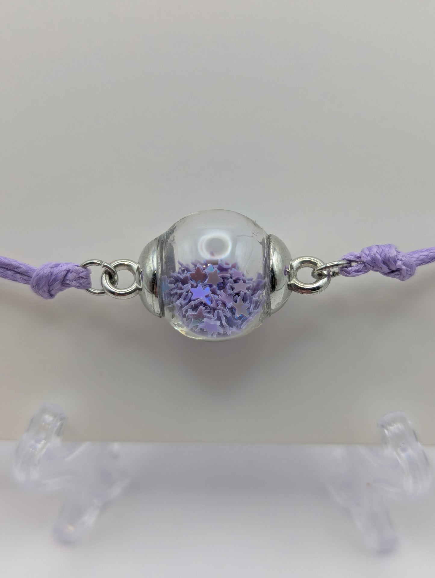 Lavender Glitter Globe Bracelet on Adjustable Nylon Cord