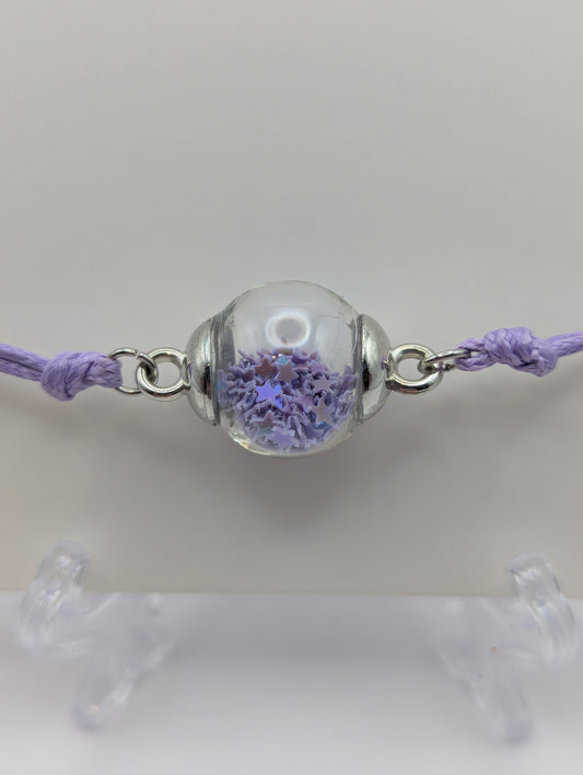 Lavender Glitter Globe Bracelet on Adjustable Nylon Cord