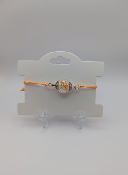 Orange Flower & Rhinestone Globe Bracelet on Adjustable Cord