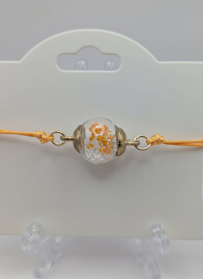 Orange Flower & Clear Rhinestone Globe Bracelet on Orange Cord