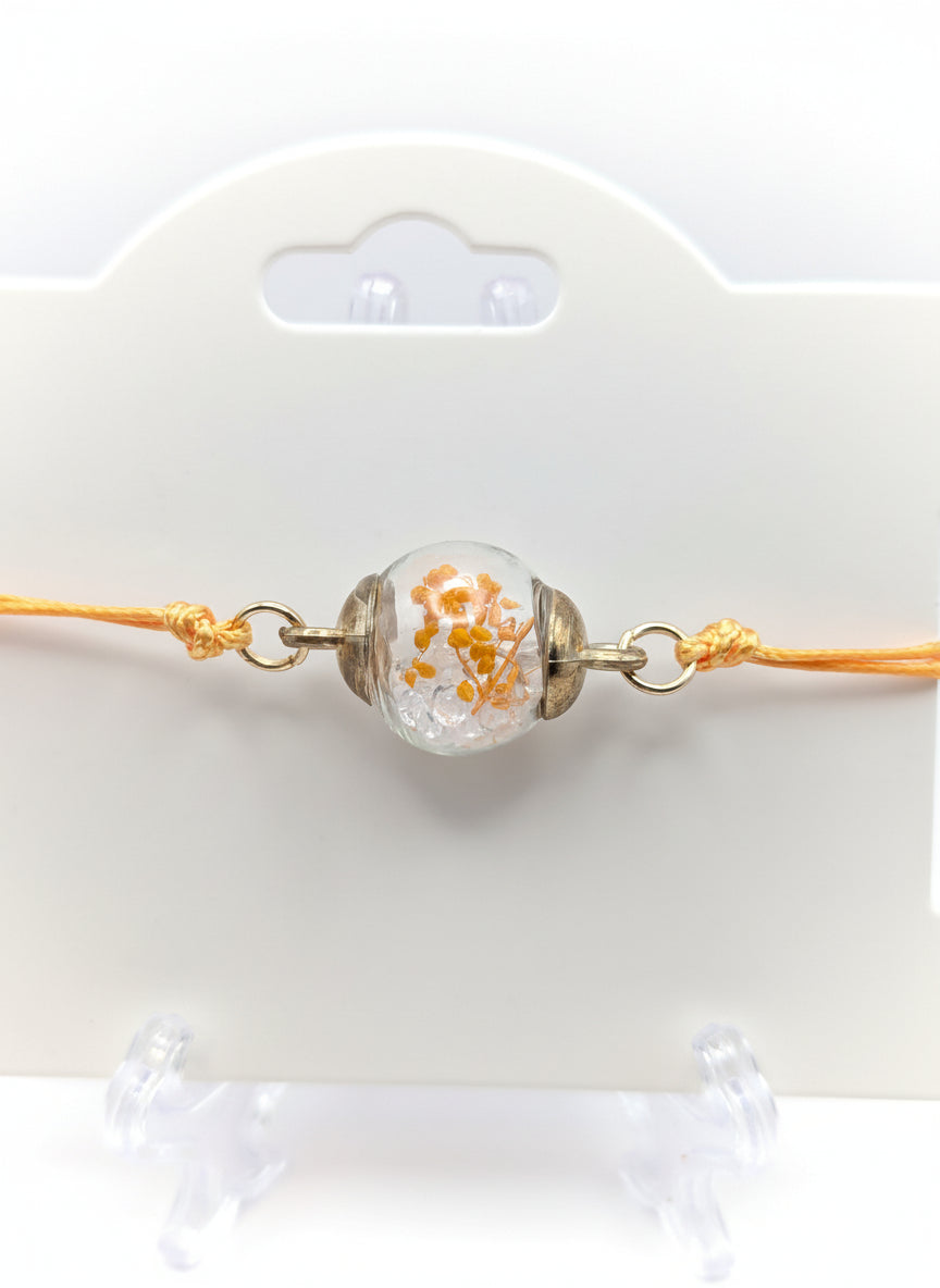 Orange Flower & Rhinestone Globe Bracelet on Adjustable Cord
