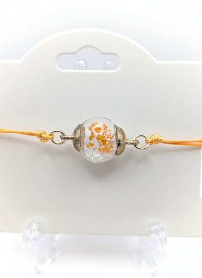 Orange Flower & Rhinestone Globe Bracelet on Adjustable Cord