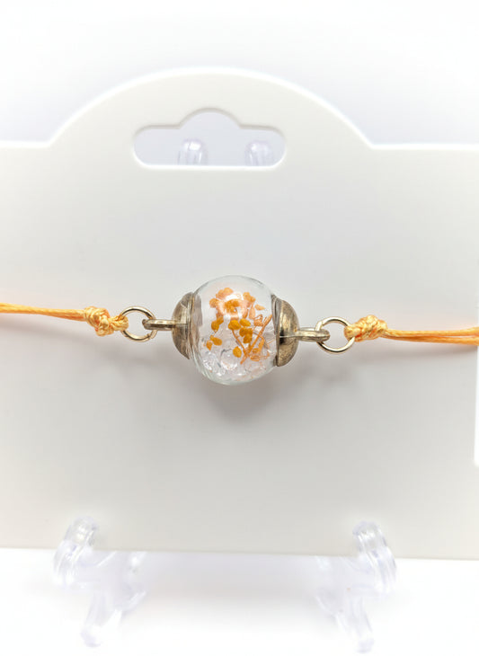 Orange Flower & Rhinestone Globe Bracelet on Adjustable Cord