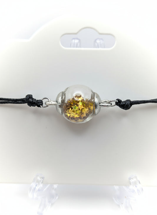 Gold Star Glitter Globe Bracelet on Adjustable Black Cord