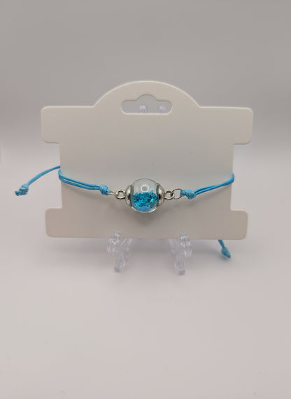 Sky Blue Glitter Globe Bracelet on Adjustable Nylon Cord