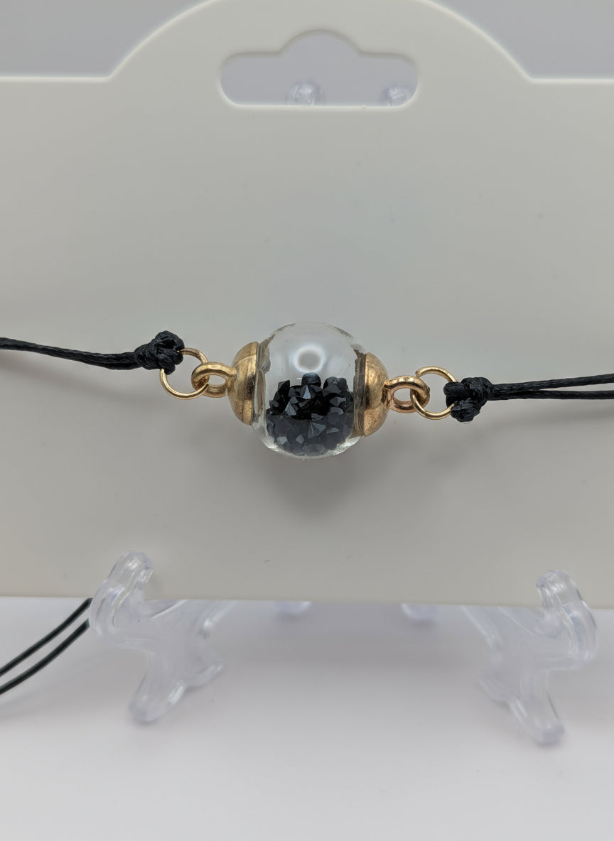 Black Rhinestones Globe Bracelet on Black Nylon Cord