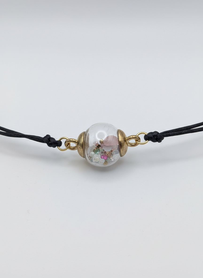 Multicolor Stone Flecks Globe Bracelet on Adjustable Black Nylon Cord