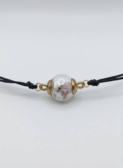 Multicolor Stone Flecks Globe Bracelet on Adjustable Black Nylon Cord