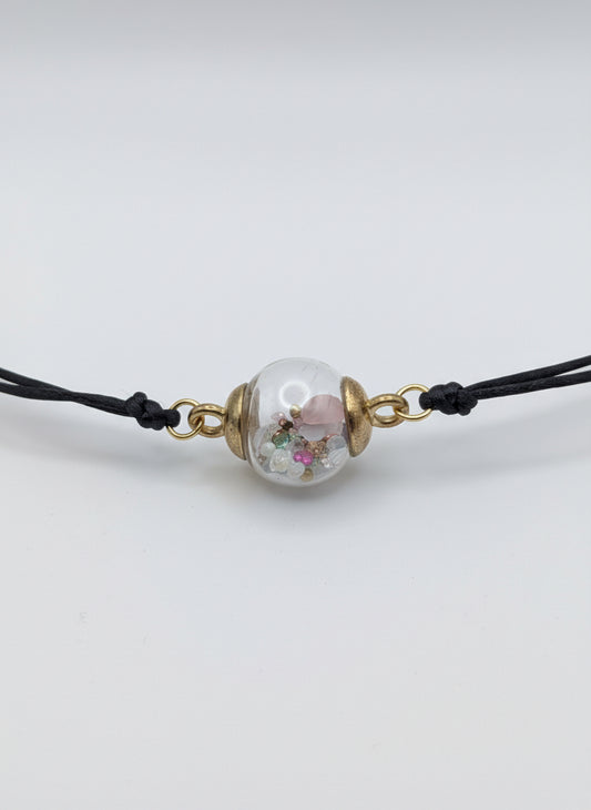 Multicolor Stone Flecks Globe Bracelet on Adjustable Black Nylon Cord
