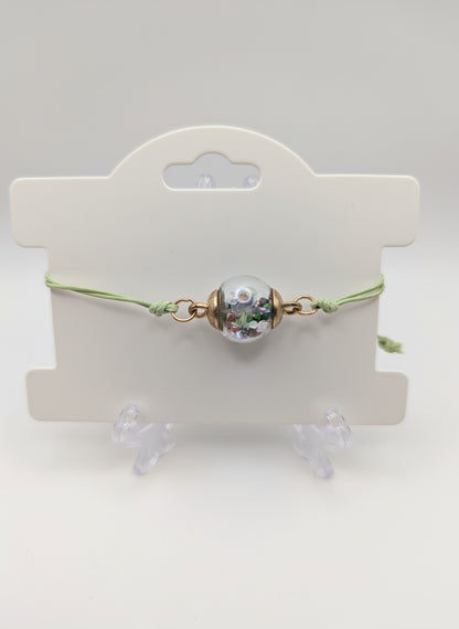 Multicolor Stone Flecks Globe Bracelet on Adjustable Sage Nylon Cord