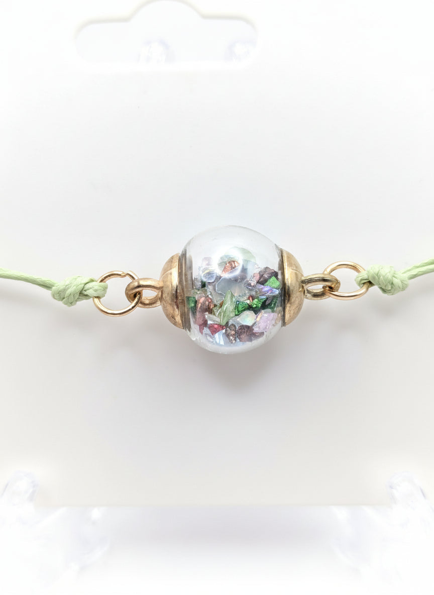 Multicolor Stone Flecks Globe Bracelet on Adjustable Sage Nylon Cord