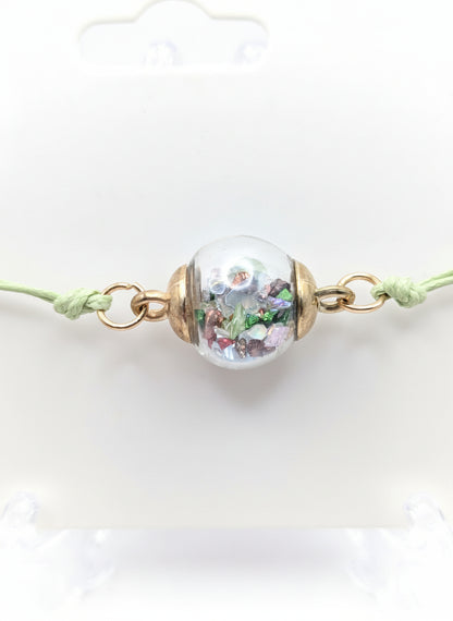 Multicolor Stone Flecks Globe Bracelet on Adjustable Sage Nylon Cord