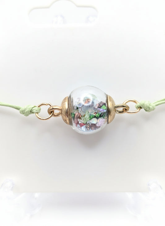 Multicolor Stone Flecks Globe Bracelet on Adjustable Sage Nylon Cord