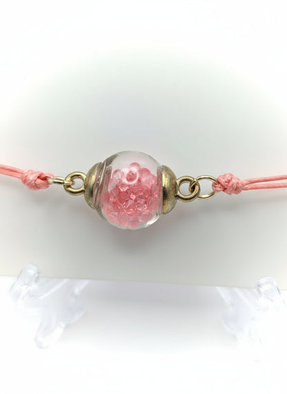 Bubblegum Pink Rhinestone Globe Bracelet on Pink Cord
