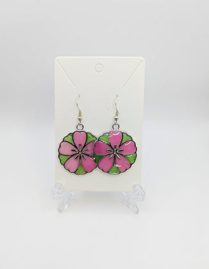 Pink and Green Flower Resin Earrings