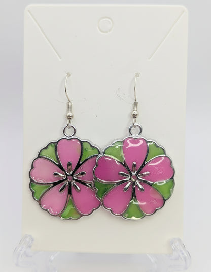 Pink and Green Flower Resin Earrings