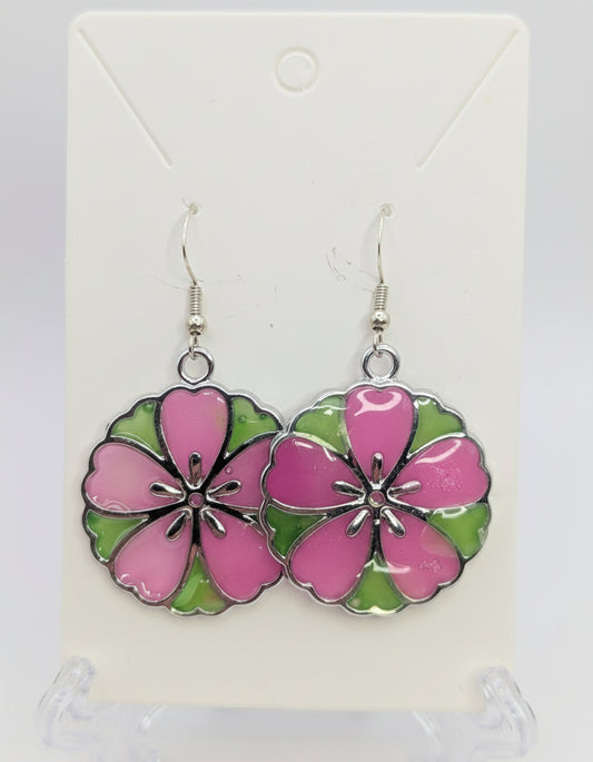 Pink and Green Flower Resin Earrings
