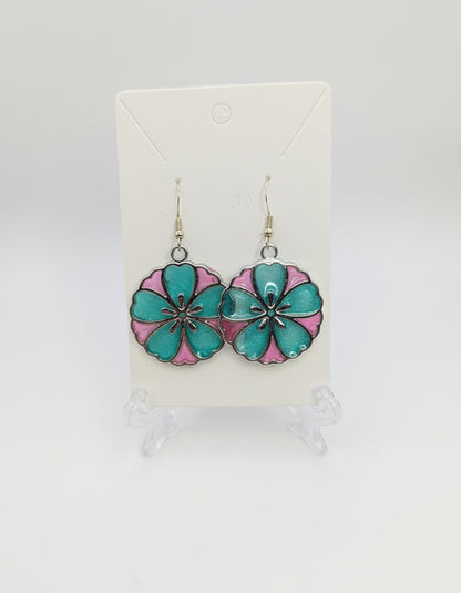 Turquoise and Pink Flower Resin Earrings
