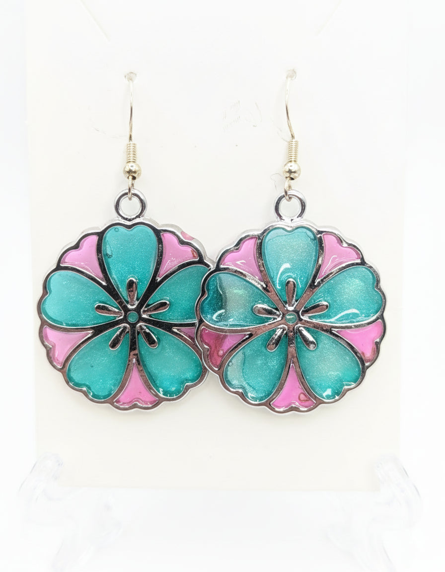 Turquoise and Pink Flower Resin Earrings
