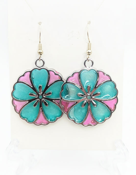 Turquoise and Pink Flower Resin Earrings