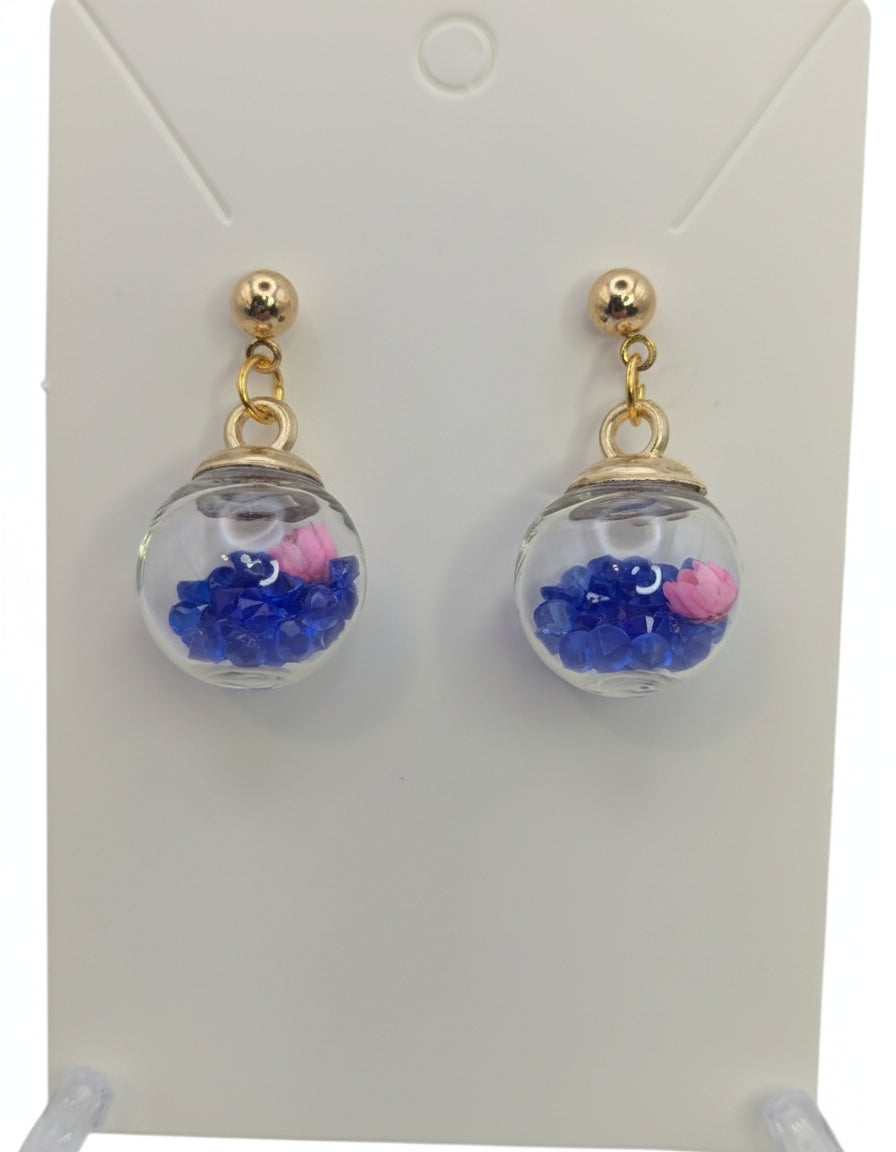 Blue Rhinestones with Pink Flower Globe Post Earrings