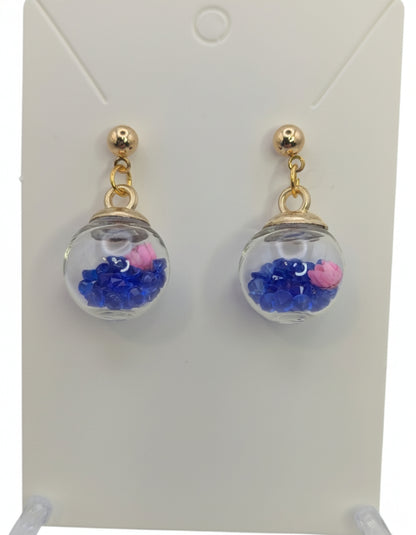 Blue Rhinestones with Pink Flower Globe Post Earrings