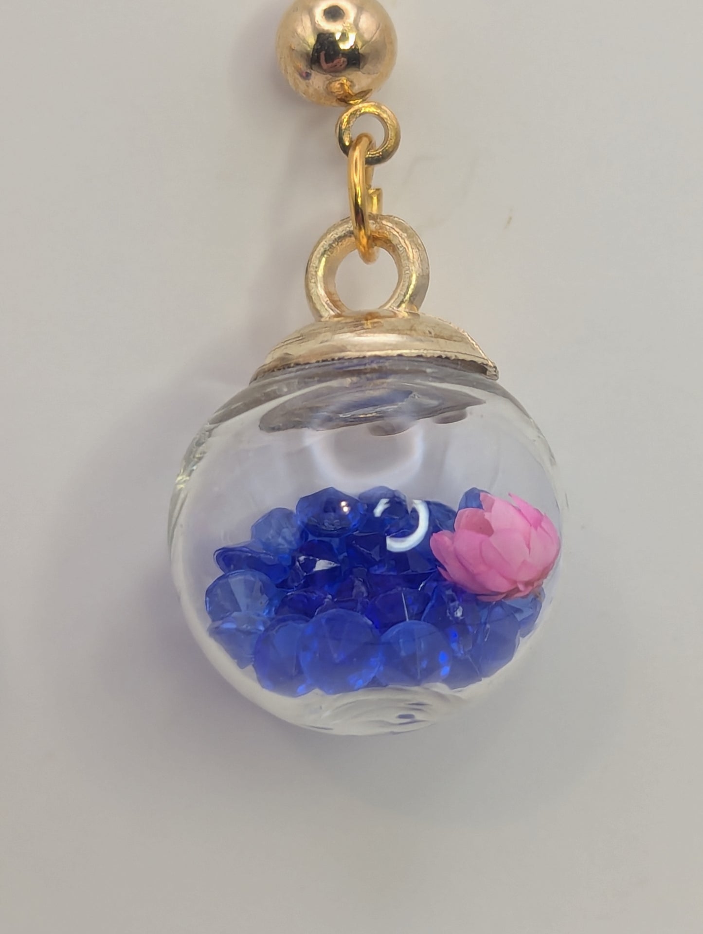 Blue Rhinestones with Pink Flower Globe Post Earrings