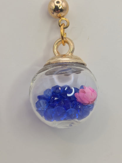 Blue Rhinestones with Pink Flower Globe Post Earrings
