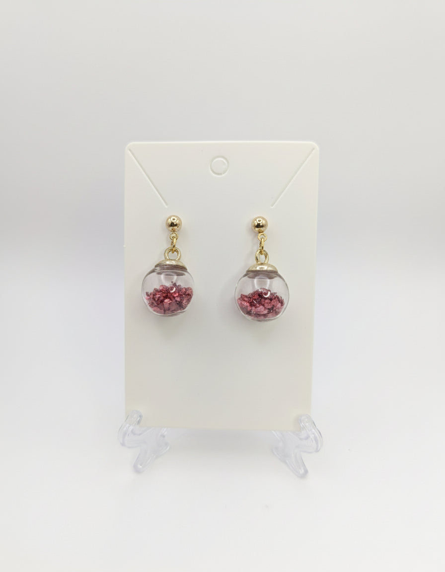 Metallic Red Stone Flecks Globe Post Earrings