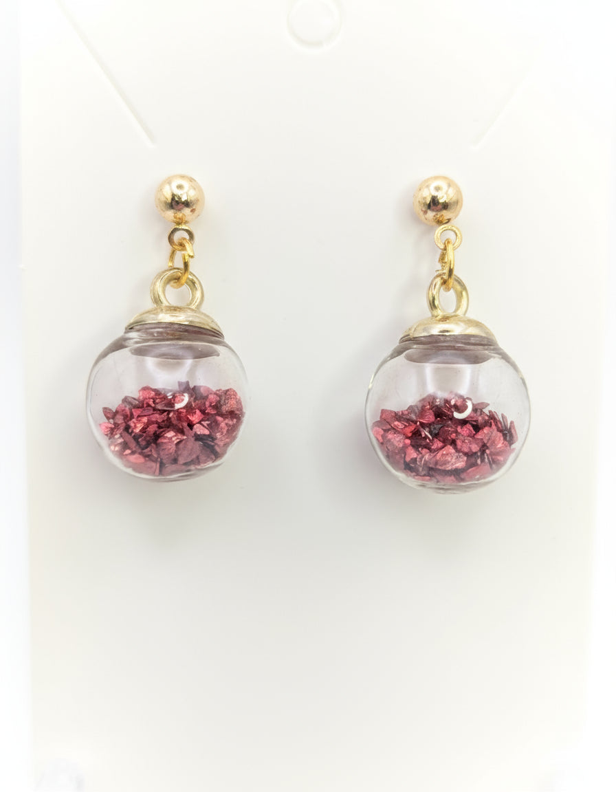 Metallic Red Stone Flecks Globe Post Earrings