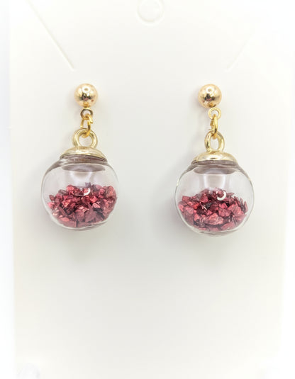 Metallic Red Stone Flecks Globe Post Earrings
