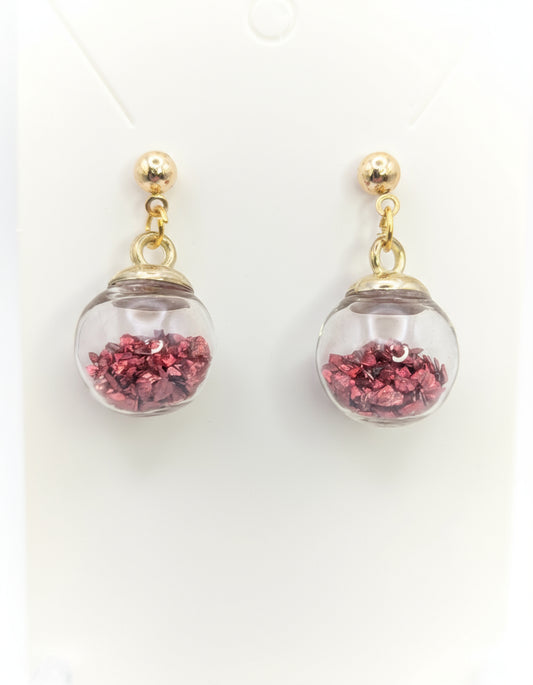 Metallic Red Stone Flecks Globe Post Earrings